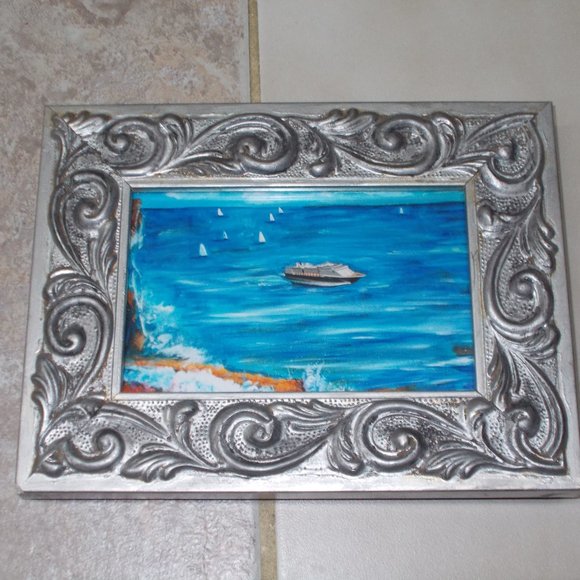 "Ships At Sea" 4"x6" print from original acrylic painting by Davila in frame - Picture 2 of 3